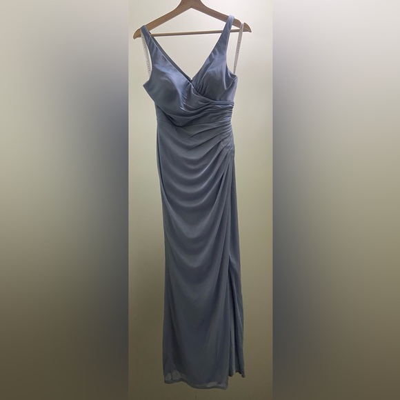Azazie Leandra Dusty Blue Mermaid V-Neck Pleated Mesh Dress - Picture 3 of 5